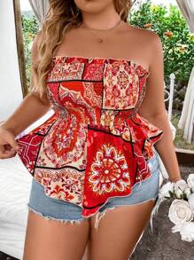 Flirla Top Bandeau pentru femei, cu imprimeu floral, cu volane, cu corset cu smock - Multicolor - Vizualizare 3