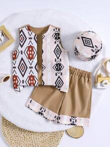 SHEIN 男童夏季幾何圖案開衫背心短褲套裝，附帽 - 卡其色 - 查看 1