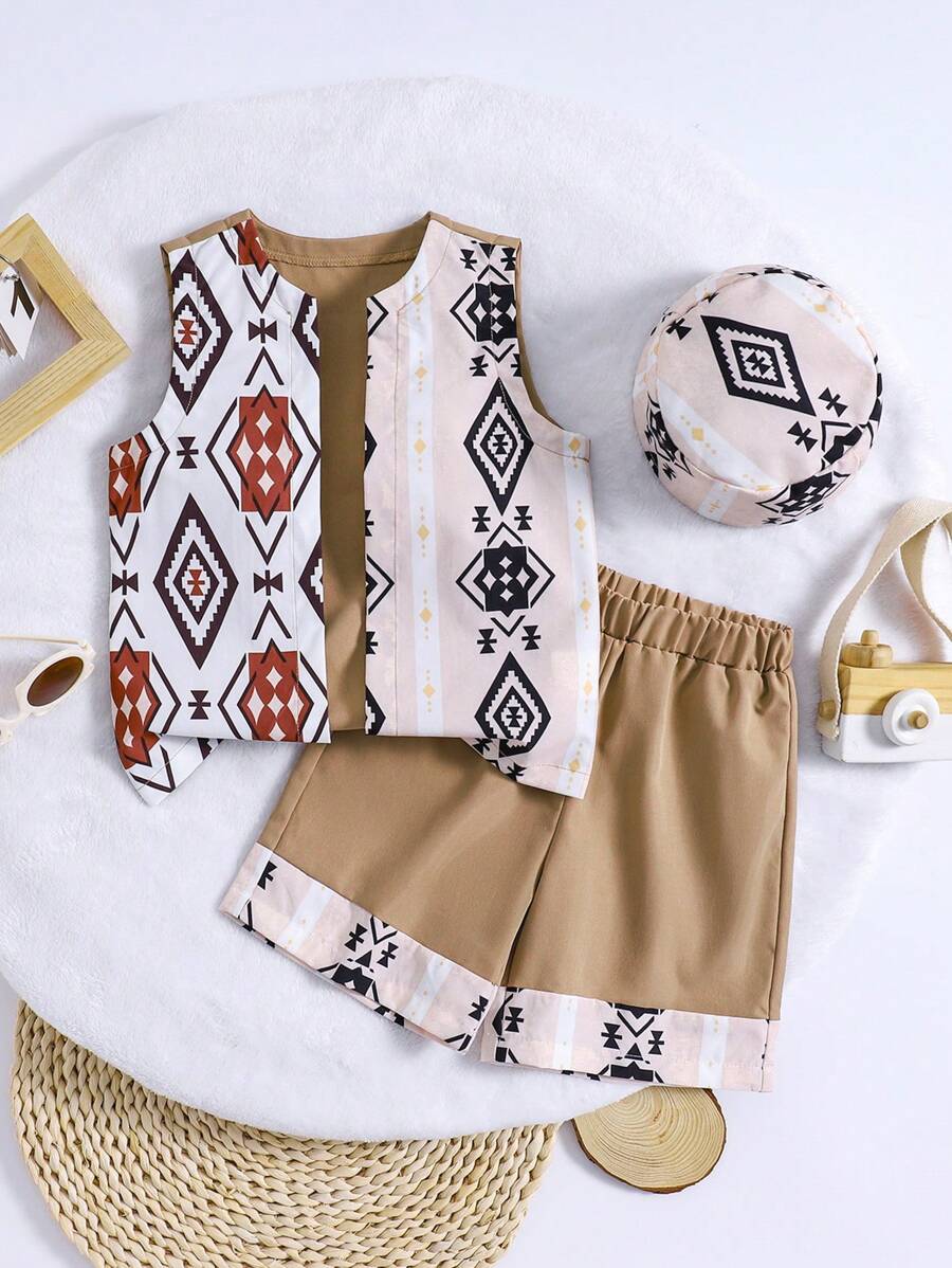 SHEIN 男童夏季幾何圖案開衫背心短褲套裝，附帽 - 卡其色 - 查看 1