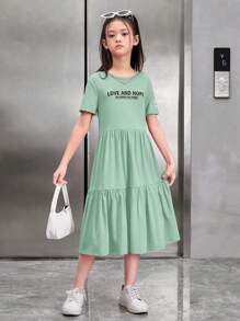 Robe à manches courtes et à col rond décontractée pour fille préadolescente avec motif de slogan et coupe ample - Vert menthe - Voir 5