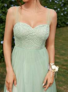 SHEIN Belle 女性浪漫優雅長款伴娘A字裙，淺綠色蕾絲和網眼布拼接，甜美領口，適用於春夏。 - 綠色 - 查看 8