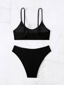 SHEIN Swim 纯色纹理设计两件套比基尼套装，比基尼套装海滩泳装泳衣夏季，夏季海滩 - 黑色 - 查看 2