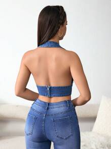SHEIN EZwear Top Denim corto de verano casaul para mujeres con escote en V profundo y cuello halter
