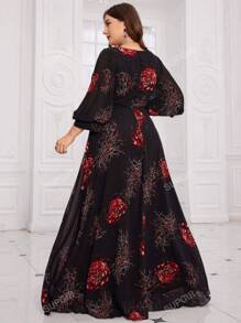 SUPGIR [Stampa floreale casuale] Abito da ballo in chiffon di alta qualità elegante ed elegante con maniche lanterna a pieghe con scollo a V e stampa floreale casuale stampata in 3D digitale