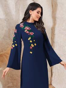 Al Najma Floral Embroidered Bell Sleeve Long Dress For Spring/Summer - Navy Blue - View 1