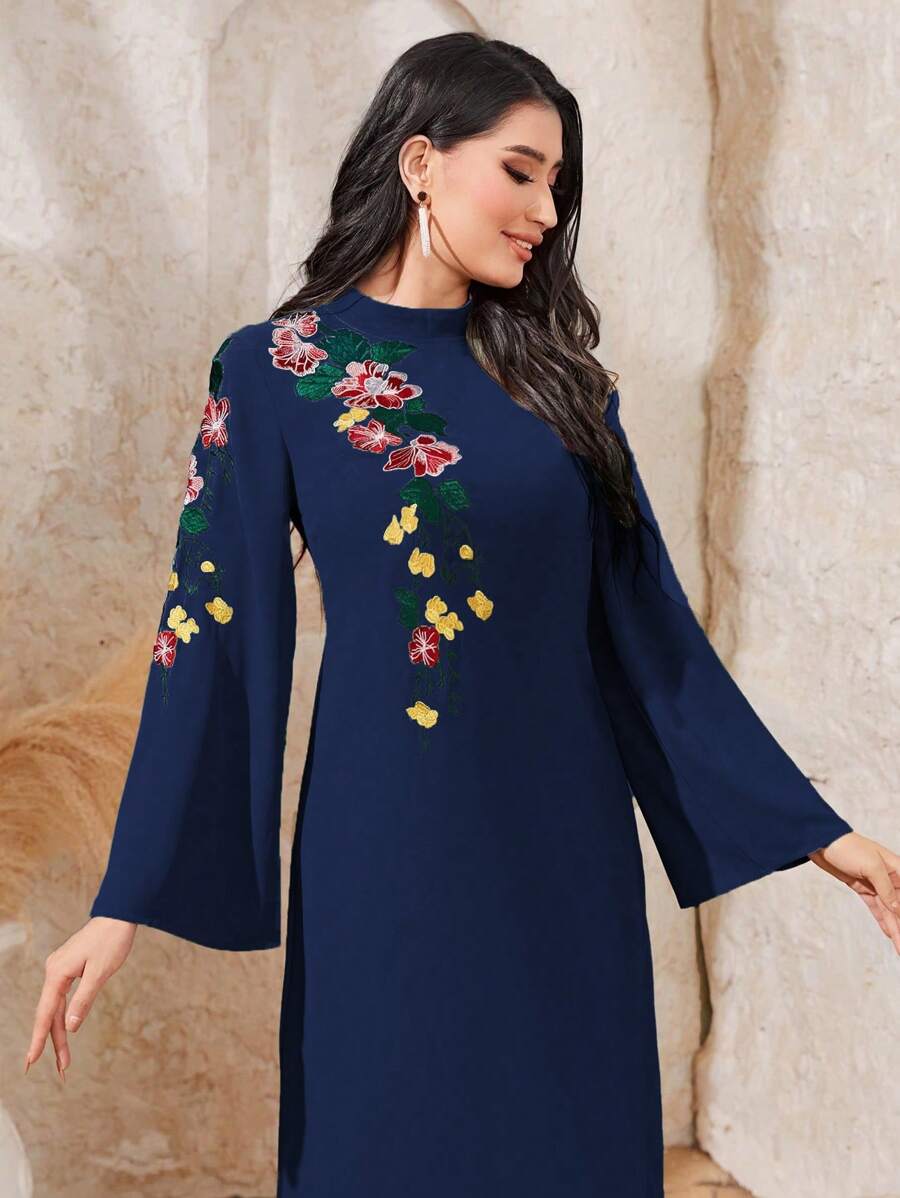 Al Najma Floral Embroidered Bell Sleeve Long Dress For Spring/Summer - Navy Blue - View 1