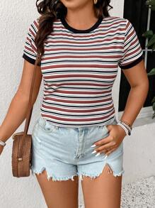 SHEIN Frenchy Plus Size Boho Color-Block Striped Slim-Fit Short Sleeve T-Shirt For Summer - Multicolor - View 3