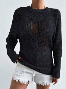 RueChic 素色插肩袖網眼針織套頭毛衣 - 黑色 - 查看 5