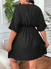 Swim Lushoire Summer Beach Fashionable Plus Size Women Solid Color Hollow Out Short Sleeve Cover Up - Black - View 2