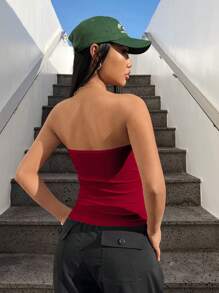 SHEIN EZwear 女士純色針織貼身無肩帶背心 - 紅色 - 查看 3