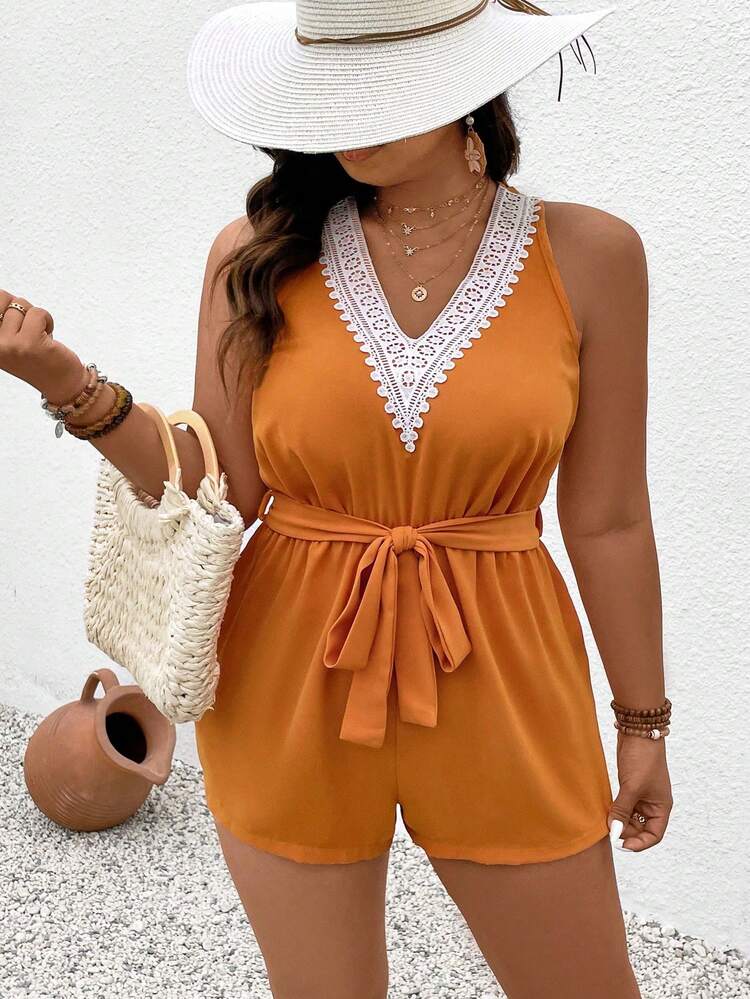 Plus Size Lace Joint Water Soluble V-Neck Sleeveless Jumpsuit