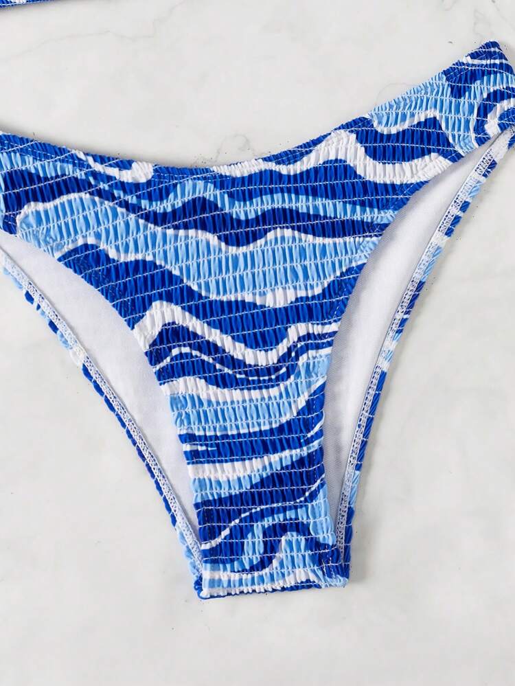 Women's Marble Printed Halterneck Bikini Set For Holidays, Random Print Summer