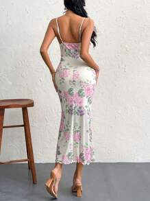 SHEIN Privé Women Elegant Mesh Floral Printed Slim Fit Draped Neck Ruched Mermaid Hem Cami Sundress For Holiday