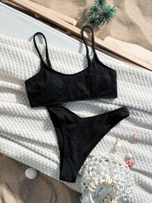 SHEIN Swim Women's High-Cut Textured Bikini Set, Perfect For Summer Beach Or Vacation - Black - View 1