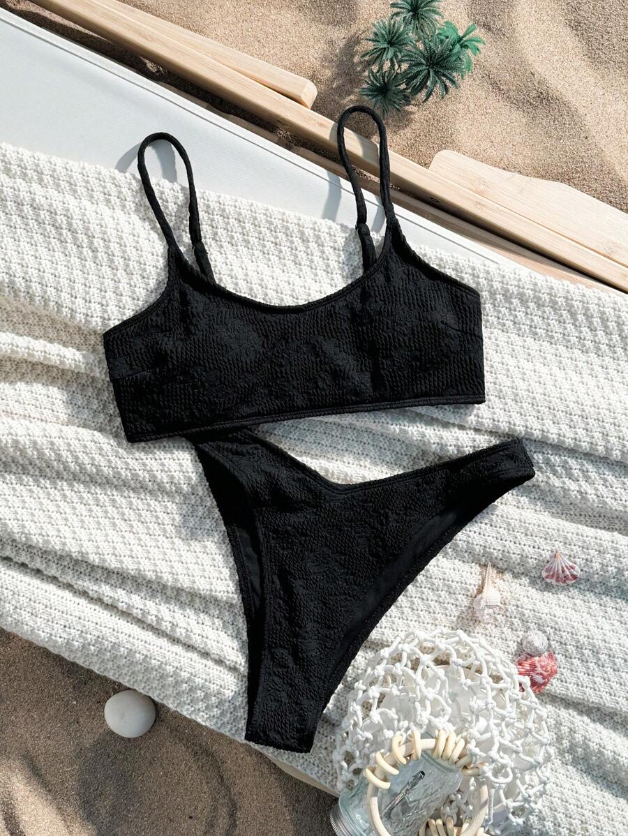 SHEIN Swim Women's High-Cut Textured Bikini Set, Perfect For Summer Beach Or Vacation - Black - View 1
