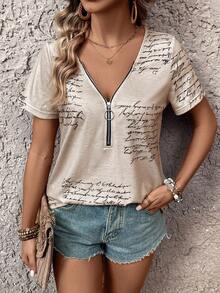 EMERY ROSE Summer Casual Half Zip Short Sleeve Tee With Letter Print And Asymmetrical Floral Cut - Apricot - View 7