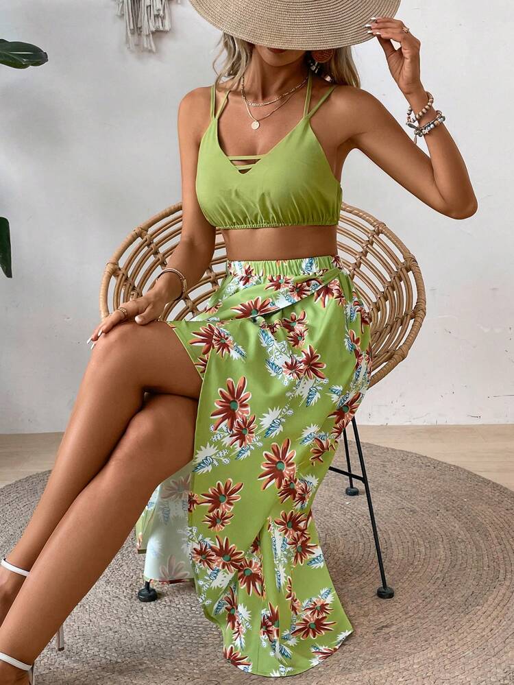 Ladies" Summer Vacation Style Solid Color Halter Crop Top And Tropical Plant Print Wrapped Skirt Set
