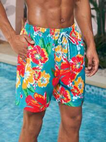 Manfinity VDAYZ 1 pieza Pantalón corto de playa con estampado floral gráfico para hombres, traje de baño a juego para parejas, para la playa, vacaciones, hawaiano