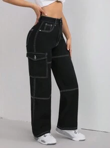 SHEIN PETITE Color Block Stitching Loose Fit Straight-Leg Jeans For Casual Work Wear - Black - View 6