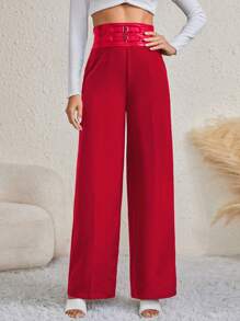 SHEIN Tall Quần ống loe nữ có chi tiết thắt lưng - Đỏ - Xem 1
