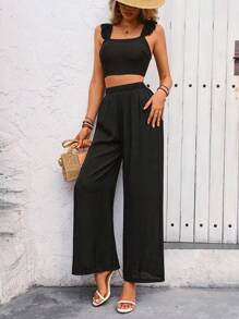 SHEIN Clasi 黑色宽松盖袖方领上衣配阔腿裤两件套夏季 - 黑色 - 查看 6