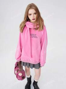 ELFSACK Pink Warm Hooded For Women 2024 Fit In Spring Loose Sweet Style Embroidered Top