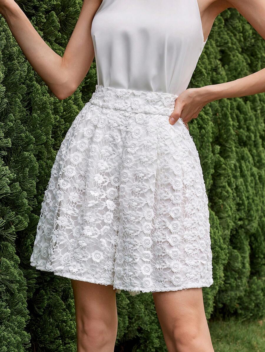 GENKIRA Elegant 3D Embroidered Lace Shorts, Summer - White - View 1