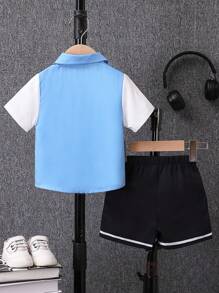 Baby Boy's Color Block Digital Letter Print Short Sleeve Shirt And Shorts Woven Set