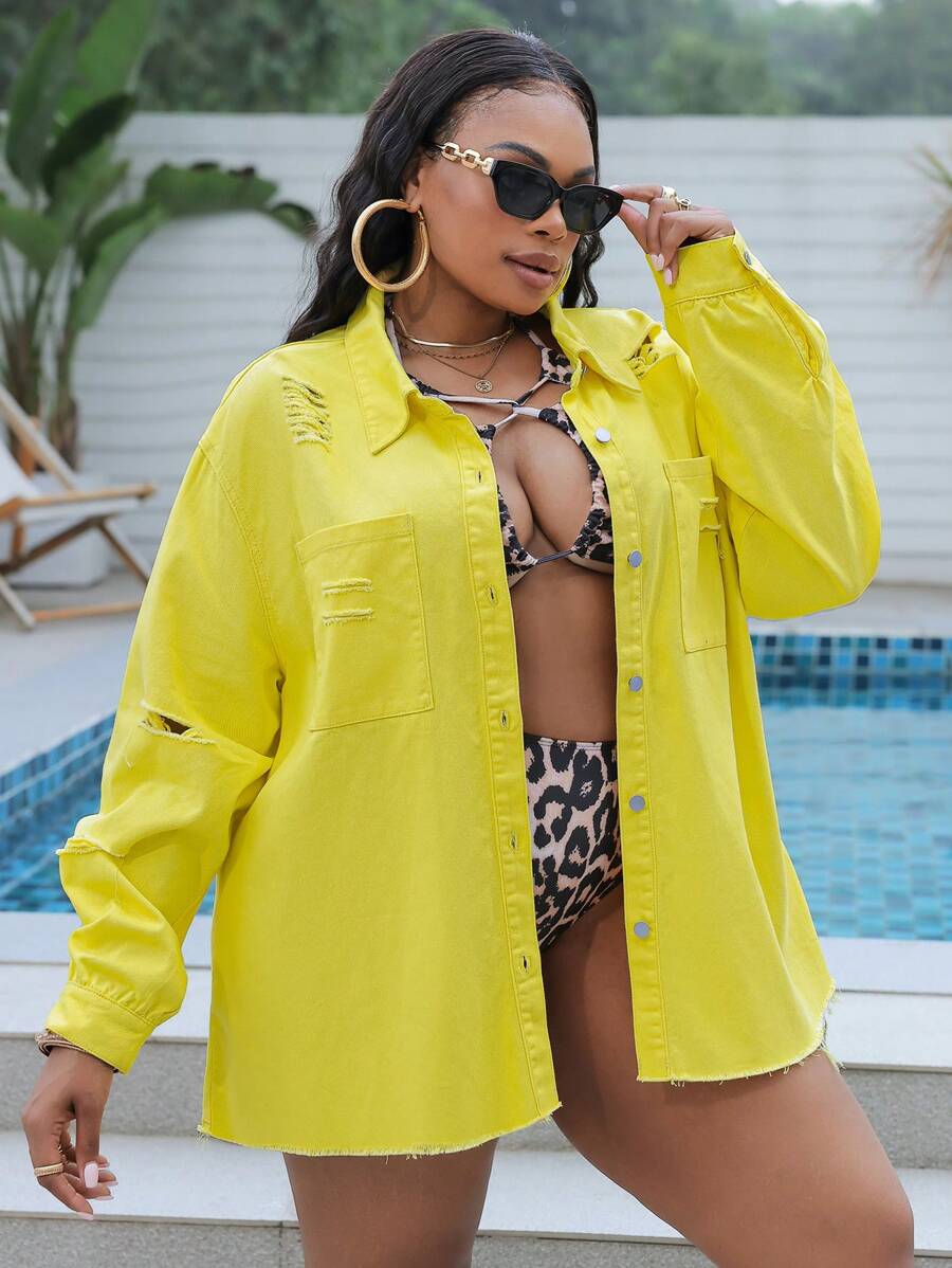 SHEIN SXY 女士加大碼破洞牛仔黃布夾克 - 黃色 - 查看 1