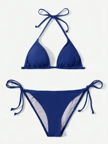 SHEIN Swim 女性夏季假日海灘實色綁頸比基尼套裝 - 藏蓝色 - 查看 1