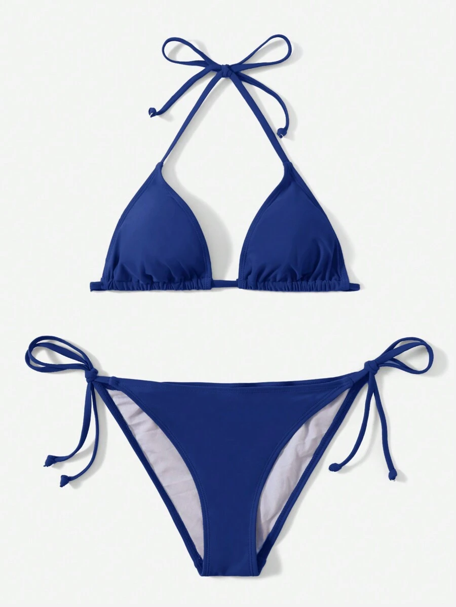 SHEIN Swim 女性夏季假日海灘實色綁頸比基尼套裝 - 藏蓝色 - 查看 1