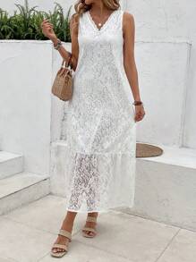 EMERY ROSE Letnia koronkowa sukienka bez rękawów z falbaną