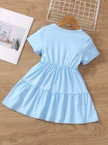 SHEIN Young Girl Solid Color Round Neck Ruffle Hem Short Sleeve Casual Dress For Summer - Blue - View 2