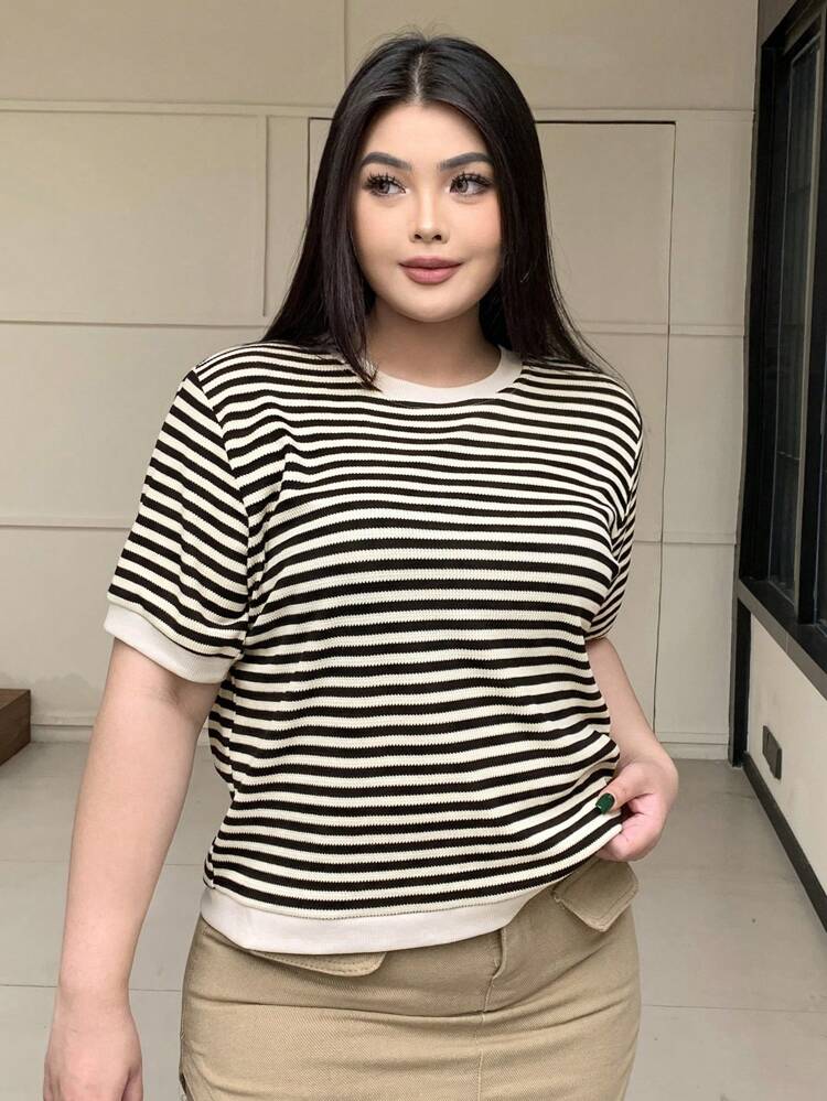 Dazy Petite Plus Plus Size Summer Casual Round Neck Striped Short Sleeve T-Shirt Preppy Tops