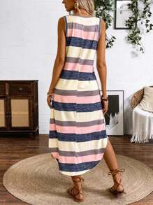 SHEIN LUNE Spring/Summer Casual Color-Block Striped Sleeveless Dress With Curved Hem Maxi Women Outfit
