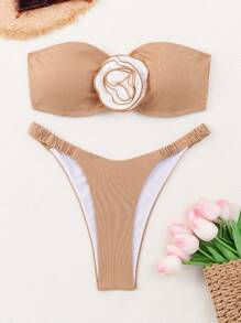 SHEIN Swim Summer Women Holiday 3D Flower Decoration Bandeau Bikini Set With Separated Swimwear - Apricot - View 1