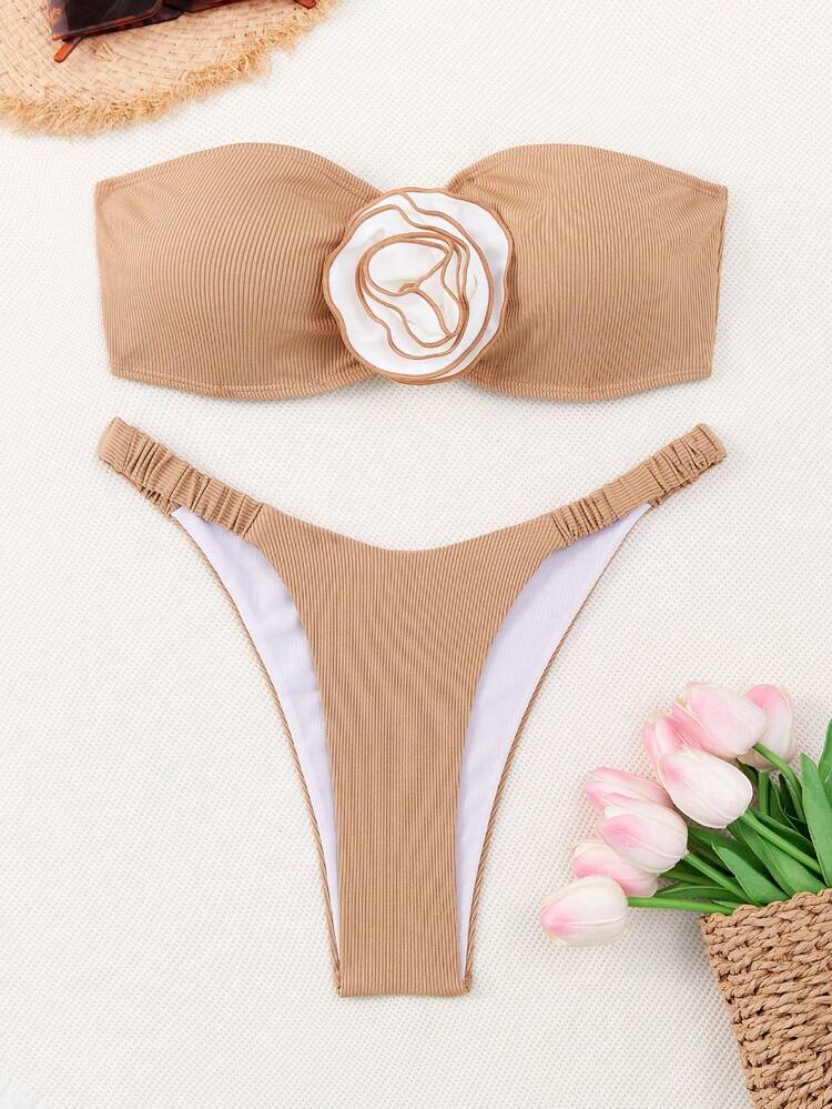 Summer Women Holiday 3D Flower Decoration Bandeau Bikini Set With Separated Swimwear