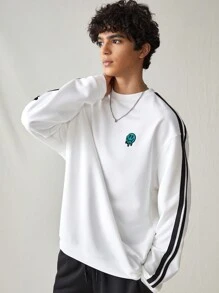 SWAVVY Sweat-shirt à manches longues, col ras du cou, style décontracté avec blocs de couleurs et rayures pour hommes. Couleur blanc, bloc de couleurs graphique. Idéal pour les amis, le mari, le petit ami