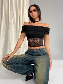 SHEIN Unity 女士夏季露肩蕾丝短款修身上衣 - 黑色 - 查看 4