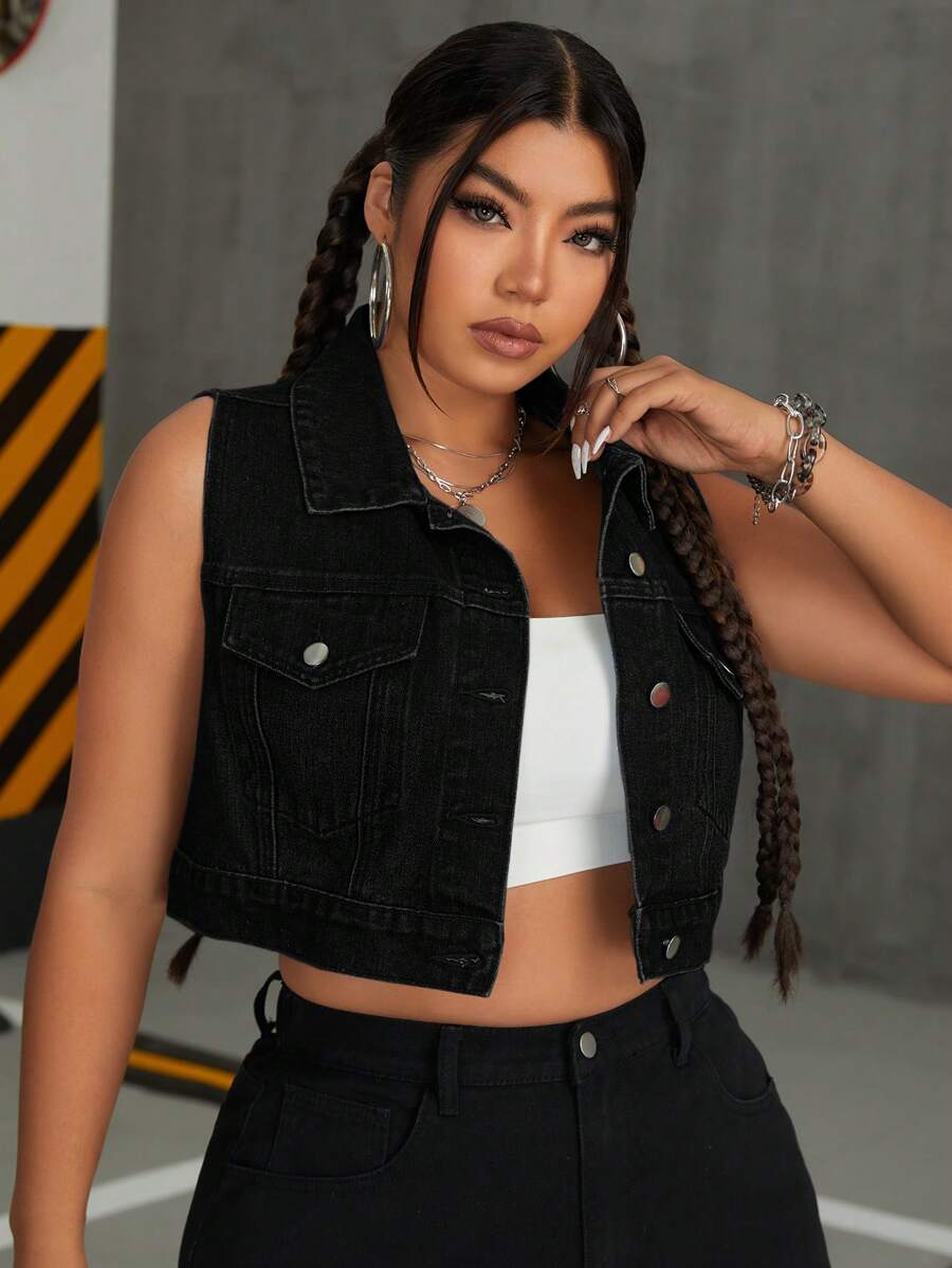 SHEIN EZwear 大尺碼女性時尚短款背心牛仔外套 - 黑色 - 查看 1