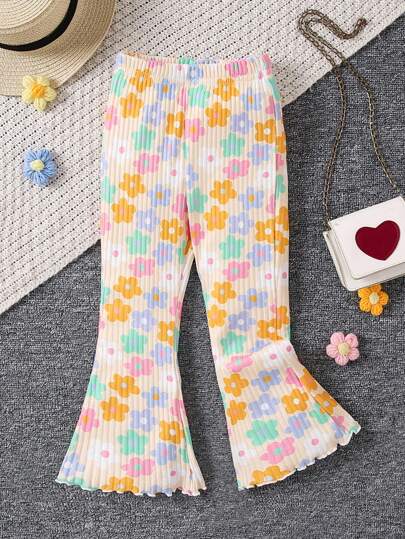 SHEIN Ung flicka Tecknad Blomstertryck Flare Byxor Flickor Flare Byxor Settoddler Flare Pants Flare Byxor För Girlskids Flare Pants Flare Byxor För Ung Tjej