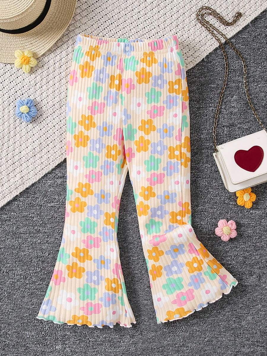 SHEIN Young Girl Cartoon Flower Print Flare Pants Girls Flare Pants Settoddler Flare Pantsflare Pants For Girlskids Flare Pantsflare Pants For Young Girl Summer Holiday - Multicolor - View 1