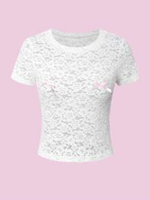 Flirla Top de manga corta decorado con encaje de moda para mujer con lazo