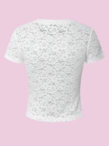 Flirla Top de manga corta decorado con encaje de moda para mujer con lazo