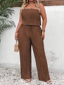 Celure 大尺碼女性時尚夏季簡約純色無肩跨跳躍套裝長褲 - 棕色 - 查看 5