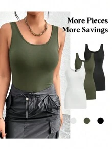 SHEIN Essnce Multicolor Women Solid Color Simple Style Sleeveless Casual Tank Top - Army Green - View 4