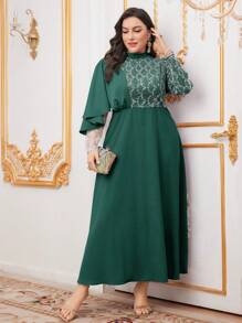 Modelyn Plus Size Embroidered Mesh Contrast Sequin Stand-Up Collar Dress Long Evening Dresses
