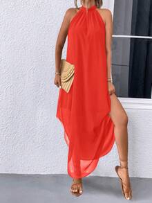 Đầm xếp ly cổ yếm màu trơn dáng suông mùa hè EARO dành cho nữ - trái cam - Xem 3