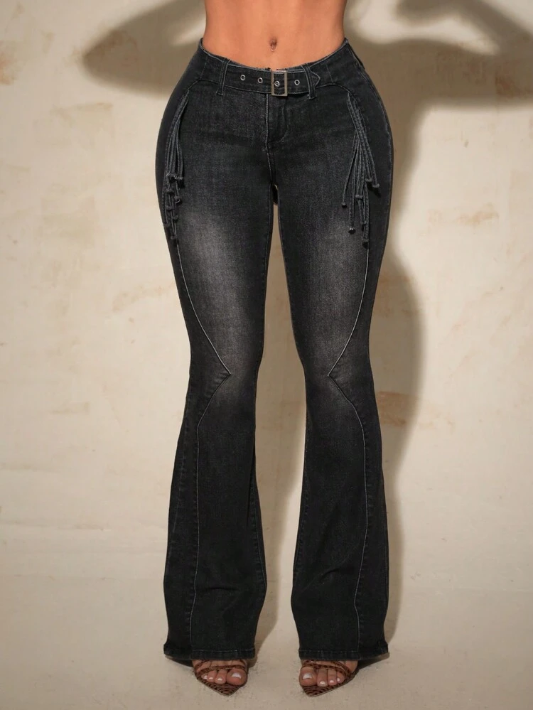 Low-Waist Casual Fringe Decor Slim Flared Jeans