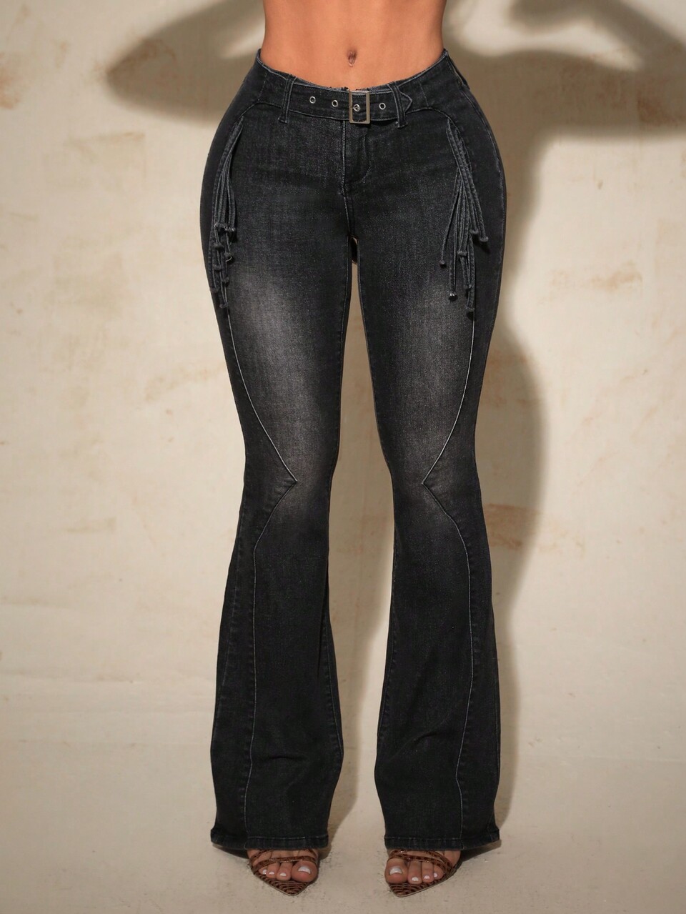 Low-Waist Casual Fringe Decor Slim Flared Jeans